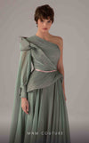 MNM Couture E0097 flared organza gown with one sleeve and asymmetric cape train | Couture Shop LA