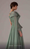 MNM Couture E0097 flared organza gown with one sleeve and asymmetric cape train | Couture Shop LA