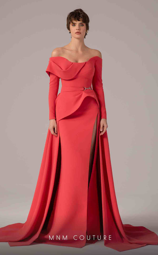 MNM Couture E0099 fitted rayon crepe gown with peplum waist and flowing train | Couture Shop LA
