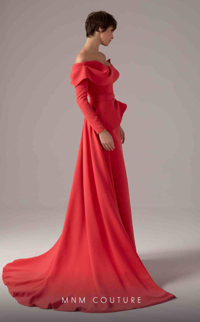 MNM Couture E0099 fitted rayon crepe gown with peplum waist and flowing train | Couture Shop LA