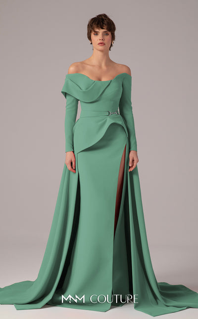 MNM Couture E0099 fitted rayon crepe gown with peplum waist and flowing train | Couture Shop LA