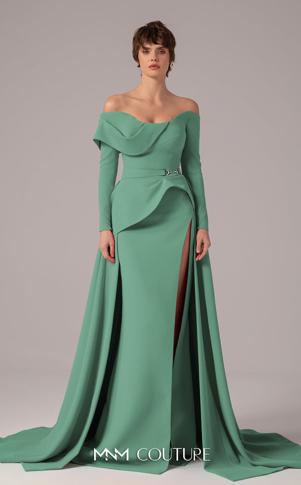 MNM Couture E0099 fitted rayon crepe gown with peplum waist and flowing train | Couture Shop LA