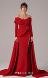 MNM Couture E0099 fitted rayon crepe gown with peplum waist and flowing train | Couture Shop LA