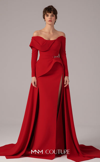 MNM Couture E0099 fitted rayon crepe gown with peplum waist and flowing train | Couture Shop LA