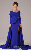 MNM Couture E0099 fitted rayon crepe gown with peplum waist and flowing train | Couture Shop LA
