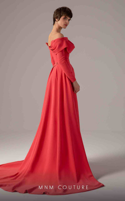 MNM Couture E0099 fitted rayon crepe gown with peplum waist and flowing train | Couture Shop LA