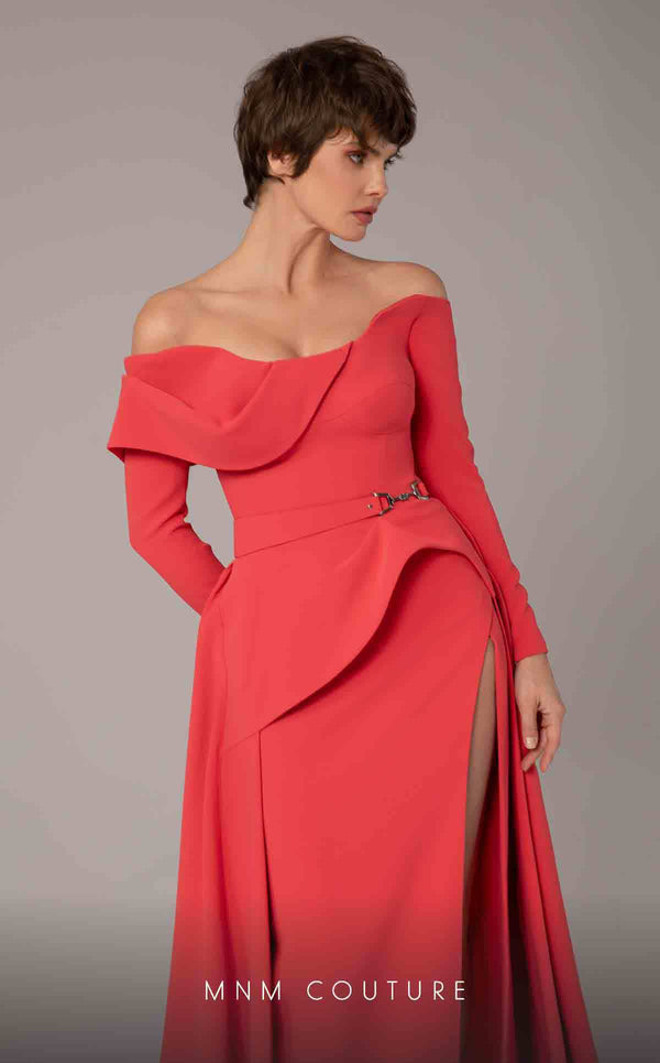 MNM Couture E0099 fitted rayon crepe gown with peplum waist and flowing train | Couture Shop LA