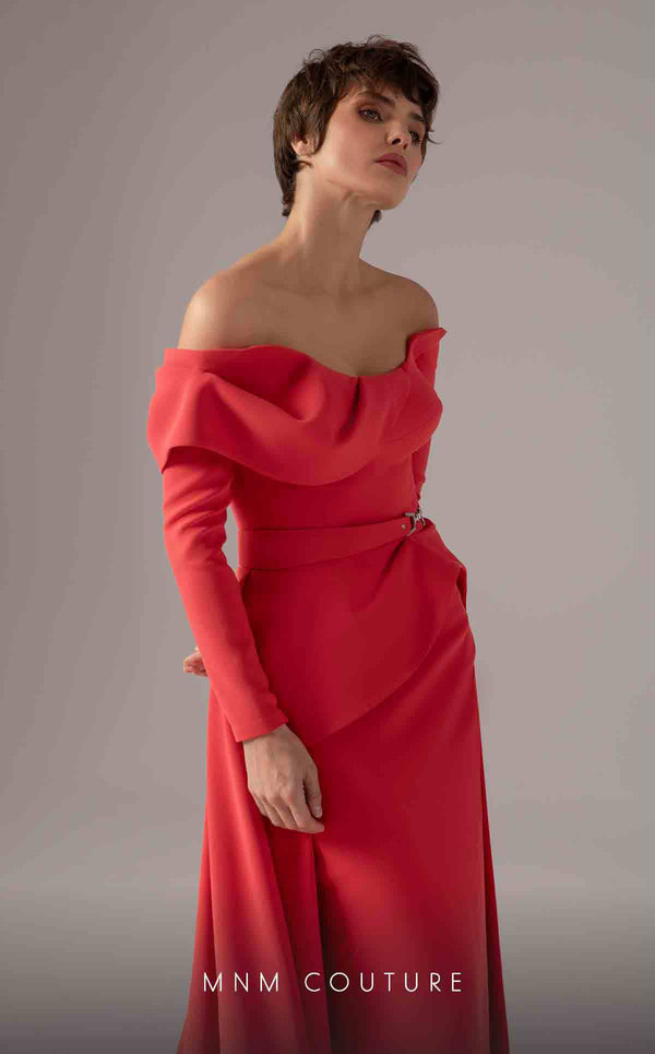 MNM Couture E0099 fitted rayon crepe gown with peplum waist and flowing train | Couture Shop LA