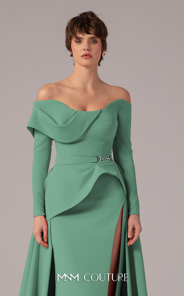 MNM Couture E0099 fitted rayon crepe gown with peplum waist and flowing train | Couture Shop LA