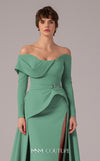 MNM Couture E0099 fitted rayon crepe gown with peplum waist and flowing train | Couture Shop LA