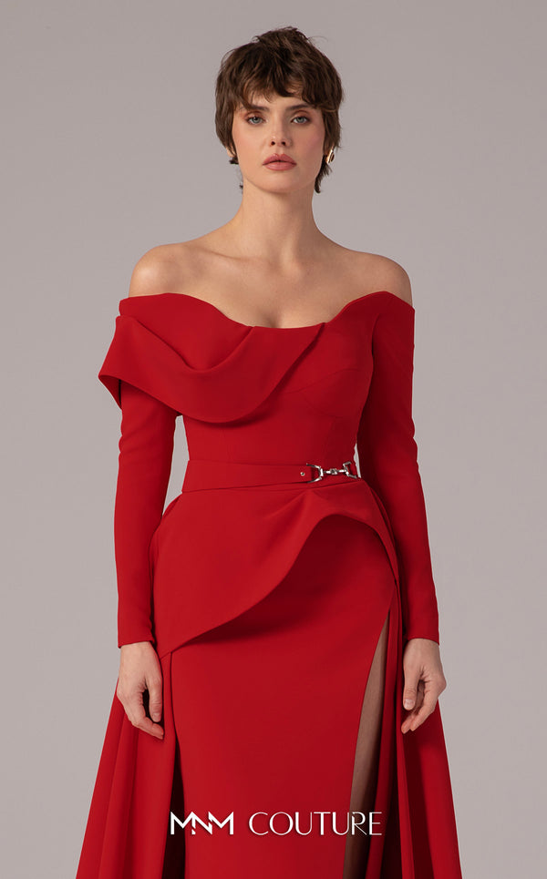 MNM Couture E0099 fitted rayon crepe gown with peplum waist and flowing train | Couture Shop LA