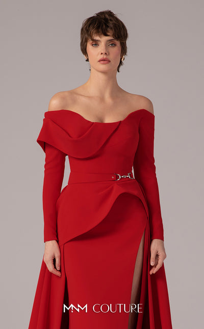 MNM Couture E0099 fitted rayon crepe gown with peplum waist and flowing train | Couture Shop LA