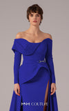 MNM Couture E0099 fitted rayon crepe gown with peplum waist and flowing train | Couture Shop LA