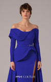 MNM Couture E0099 fitted rayon crepe gown with peplum waist and flowing train | Couture Shop LA