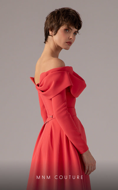 MNM Couture E0099 fitted rayon crepe gown with peplum waist and flowing train | Couture Shop LA