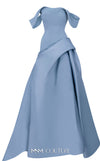 MNM Couture Style E0103 in ice blue, featuring an A-line silhouette with a pleated off-the-shoulder neckline, a fitted corset bodice, and a draped sash at the waist.| Couture Shop LA