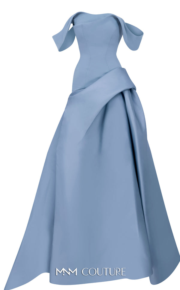MNM Couture Style E0103 in ice blue, featuring an A-line silhouette with a pleated off-the-shoulder neckline, a fitted corset bodice, and a draped sash at the waist.| Couture Shop LA