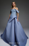MNM Couture Style E0103 in ice blue, featuring an A-line silhouette with a pleated off-the-shoulder neckline, a fitted corset bodice, and a draped sash at the waist.| Couture Shop LA