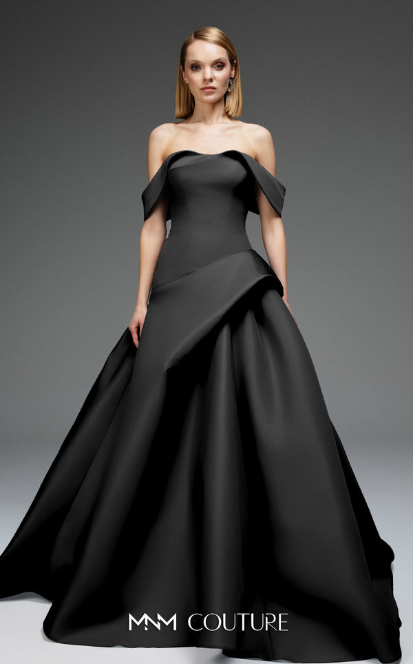 MNM Couture Style E0103 in ice blue, featuring an A-line silhouette with a pleated off-the-shoulder neckline, a fitted corset bodice, and a draped sash at the waist.| Couture Shop LA