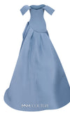 MNM Couture Style E0103 in ice blue, featuring an A-line silhouette with a pleated off-the-shoulder neckline, a fitted corset bodice, and a draped sash at the waist.| Couture Shop LA