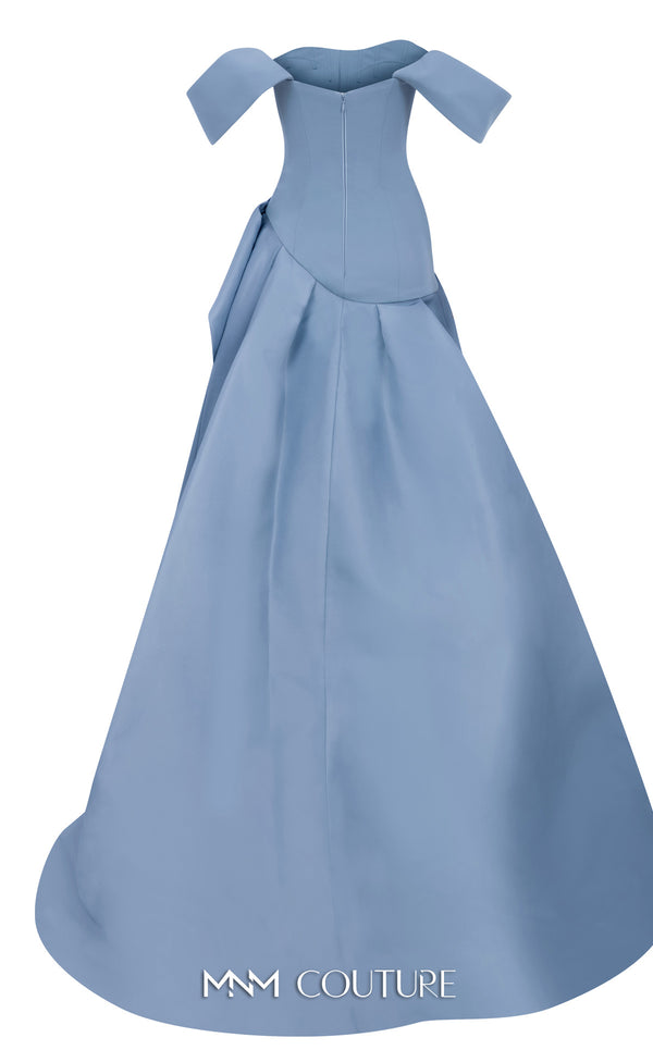 MNM Couture Style E0103 in ice blue, featuring an A-line silhouette with a pleated off-the-shoulder neckline, a fitted corset bodice, and a draped sash at the waist.| Couture Shop LA