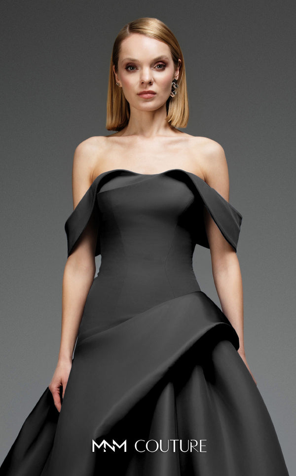 MNM Couture Style E0103 in ice blue, featuring an A-line silhouette with a pleated off-the-shoulder neckline, a fitted corset bodice, and a draped sash at the waist.| Couture Shop LA