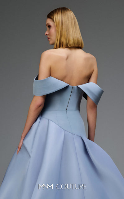 MNM Couture Style E0103 in ice blue, featuring an A-line silhouette with a pleated off-the-shoulder neckline, a fitted corset bodice, and a draped sash at the waist.| Couture Shop LA