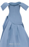 MNM Couture Style E0103 in ice blue, featuring an A-line silhouette with a pleated off-the-shoulder neckline, a fitted corset bodice, and a draped sash at the waist.| Couture Shop LA