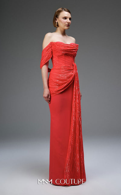 MNM Couture Style E0104 red evening dress with asymmetric sweetheart neckline, sequined organza cascades, and premium floor-length fitted silhouette | Couture Shop LA.