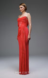 MNM Couture Style E0104 red evening dress with asymmetric sweetheart neckline, sequined organza cascades, and premium floor-length fitted silhouette | Couture Shop LA.