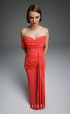 MNM Couture Style E0104 red evening dress with asymmetric sweetheart neckline, sequined organza cascades, and premium floor-length fitted silhouette | Couture Shop LA.