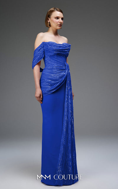 MNM Couture Style E0104 red evening dress with asymmetric sweetheart neckline, sequined organza cascades, and premium floor-length fitted silhouette | Couture Shop LA.