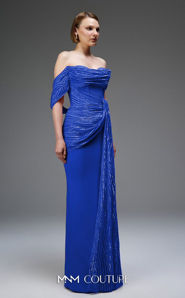 MNM Couture Style E0104 red evening dress with asymmetric sweetheart neckline, sequined organza cascades, and premium floor-length fitted silhouette | Couture Shop LA.