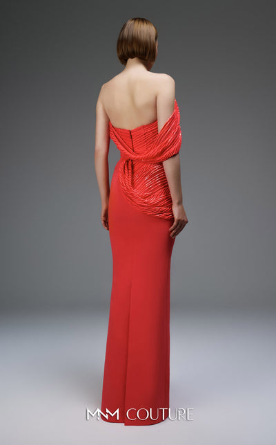 MNM Couture Style E0104 red evening dress with asymmetric sweetheart neckline, sequined organza cascades, and premium floor-length fitted silhouette | Couture Shop LA.