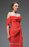 MNM Couture Style E0104 red evening dress with asymmetric sweetheart neckline, sequined organza cascades, and premium floor-length fitted silhouette | Couture Shop LA.