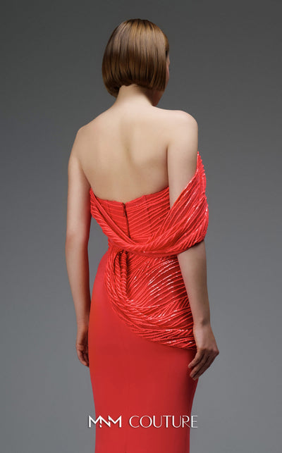 MNM Couture Style E0104 red evening dress with asymmetric sweetheart neckline, sequined organza cascades, and premium floor-length fitted silhouette | Couture Shop LA.