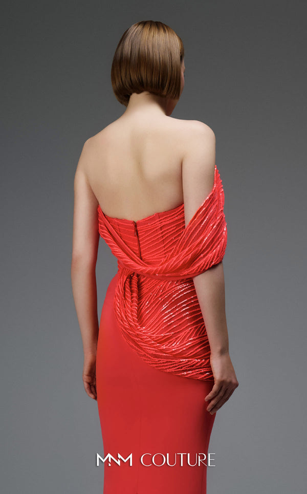 MNM Couture Style E0104 red evening dress with asymmetric sweetheart neckline, sequined organza cascades, and premium floor-length fitted silhouette | Couture Shop LA.