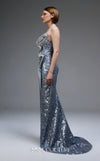 MNM Couture E0105 sequined mermaid gown with metallic crochet ruffle, strapless design, and a subtle train.|Couture Shop LA