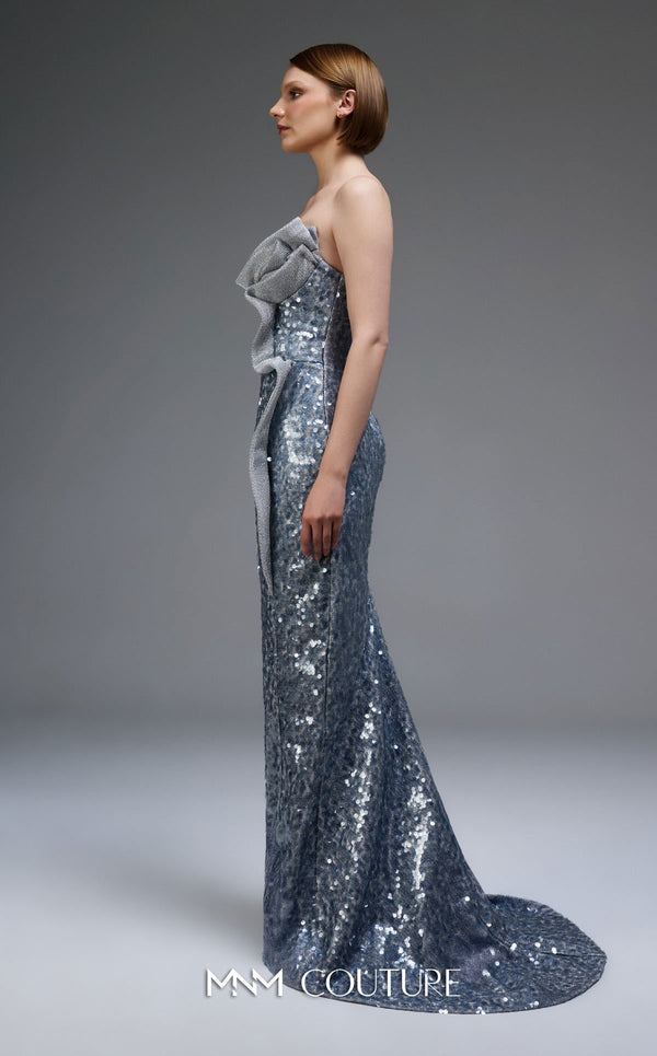 MNM Couture E0105 sequined mermaid gown with metallic crochet ruffle, strapless design, and a subtle train.|Couture Shop LA