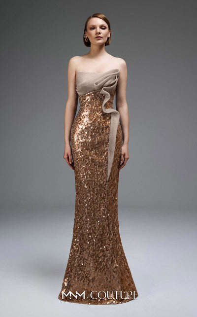 MNM Couture E0105 sequined mermaid gown with metallic crochet ruffle, strapless design, and a subtle train.|Couture Shop LA