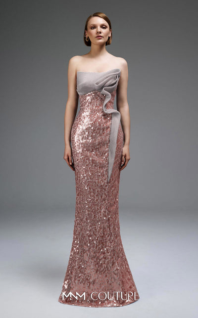 MNM Couture E0105 sequined mermaid gown with metallic crochet ruffle, strapless design, and a subtle train.|Couture Shop LA