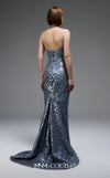 MNM Couture E0105 sequined mermaid gown with metallic crochet ruffle, strapless design, and a subtle train.|Couture Shop LA