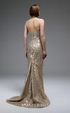 MNM Couture E0105 sequined mermaid gown with metallic crochet ruffle, strapless design, and a subtle train.|Couture Shop LA