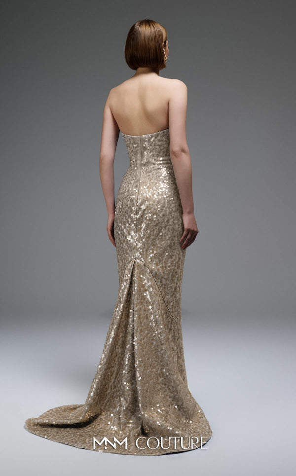 MNM Couture E0105 sequined mermaid gown with metallic crochet ruffle, strapless design, and a subtle train.|Couture Shop LA