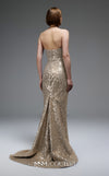 MNM Couture E0105 sequined mermaid gown with metallic crochet ruffle, strapless design, and a subtle train.|Couture Shop LA