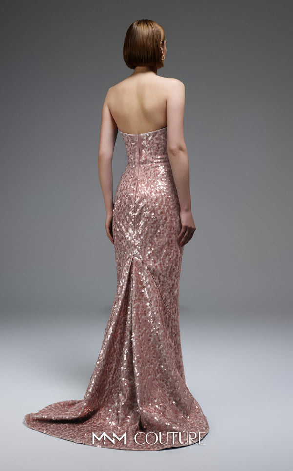 MNM Couture E0105 sequined mermaid gown with metallic crochet ruffle, strapless design, and a subtle train.|Couture Shop LA