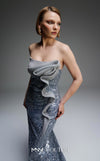 MNM Couture E0105 sequined mermaid gown with metallic crochet ruffle, strapless design, and a subtle train.|Couture Shop LA