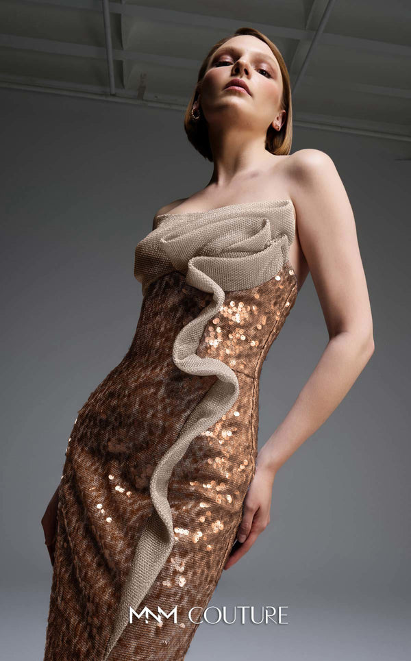 MNM Couture E0105 sequined mermaid gown with metallic crochet ruffle, strapless design, and a subtle train.|Couture Shop LA