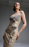 MNM Couture E0105 sequined mermaid gown with metallic crochet ruffle, strapless design, and a subtle train.|Couture Shop LA