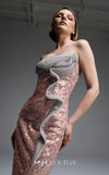 MNM Couture E0105 sequined mermaid gown with metallic crochet ruffle, strapless design, and a subtle train.|Couture Shop LA